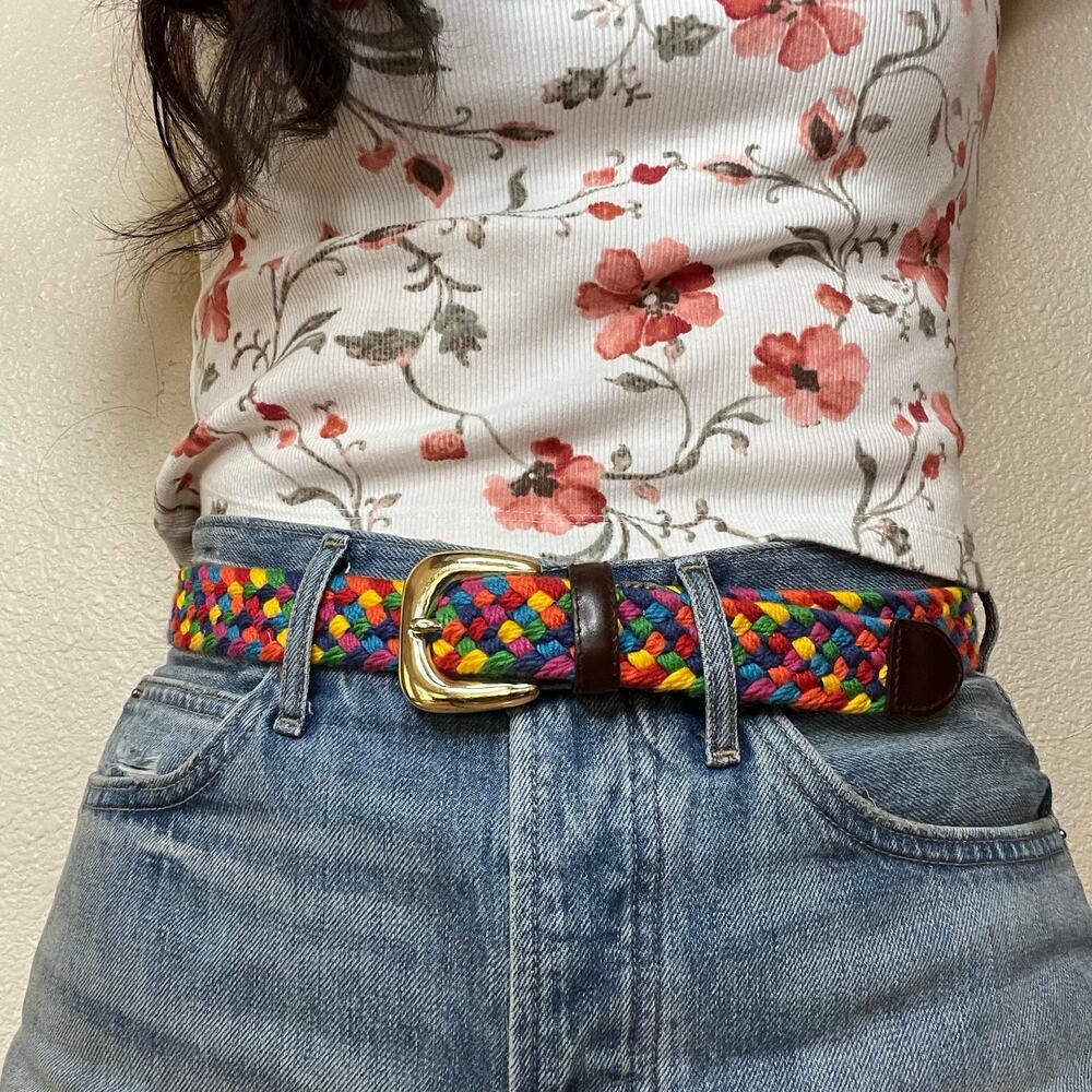 vintage multicolor rainbow woven belt brown leather trim gold buckle LARGE 37”